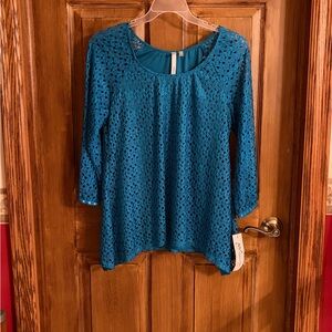 NY Collection Teal Crochet Lace Scoop Neck Tunic